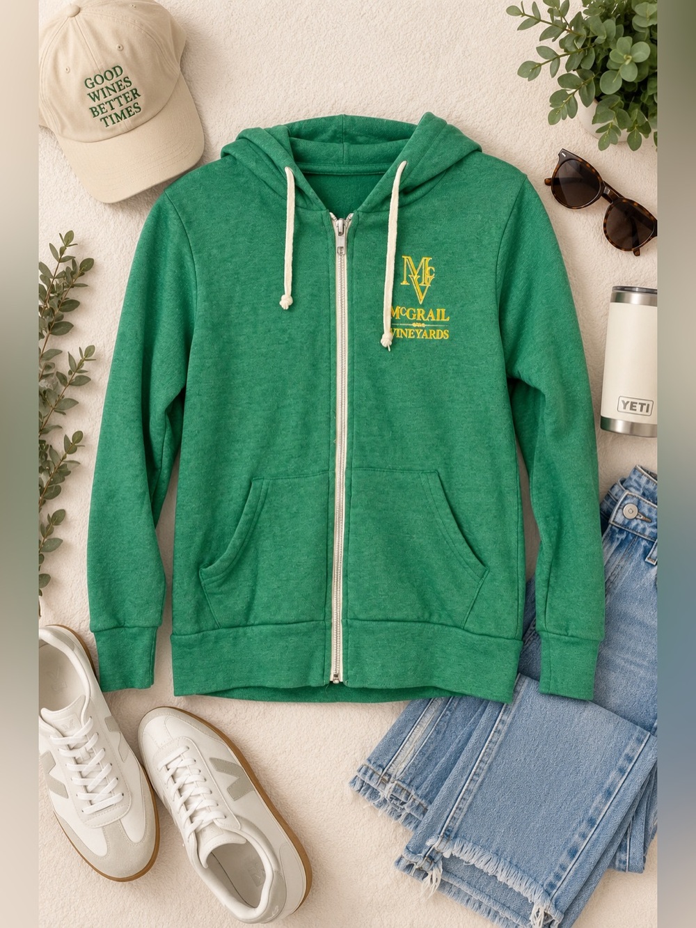 McGrail Vineyards Green Zip Up Hoodie Great Minds Drink Alike Size S